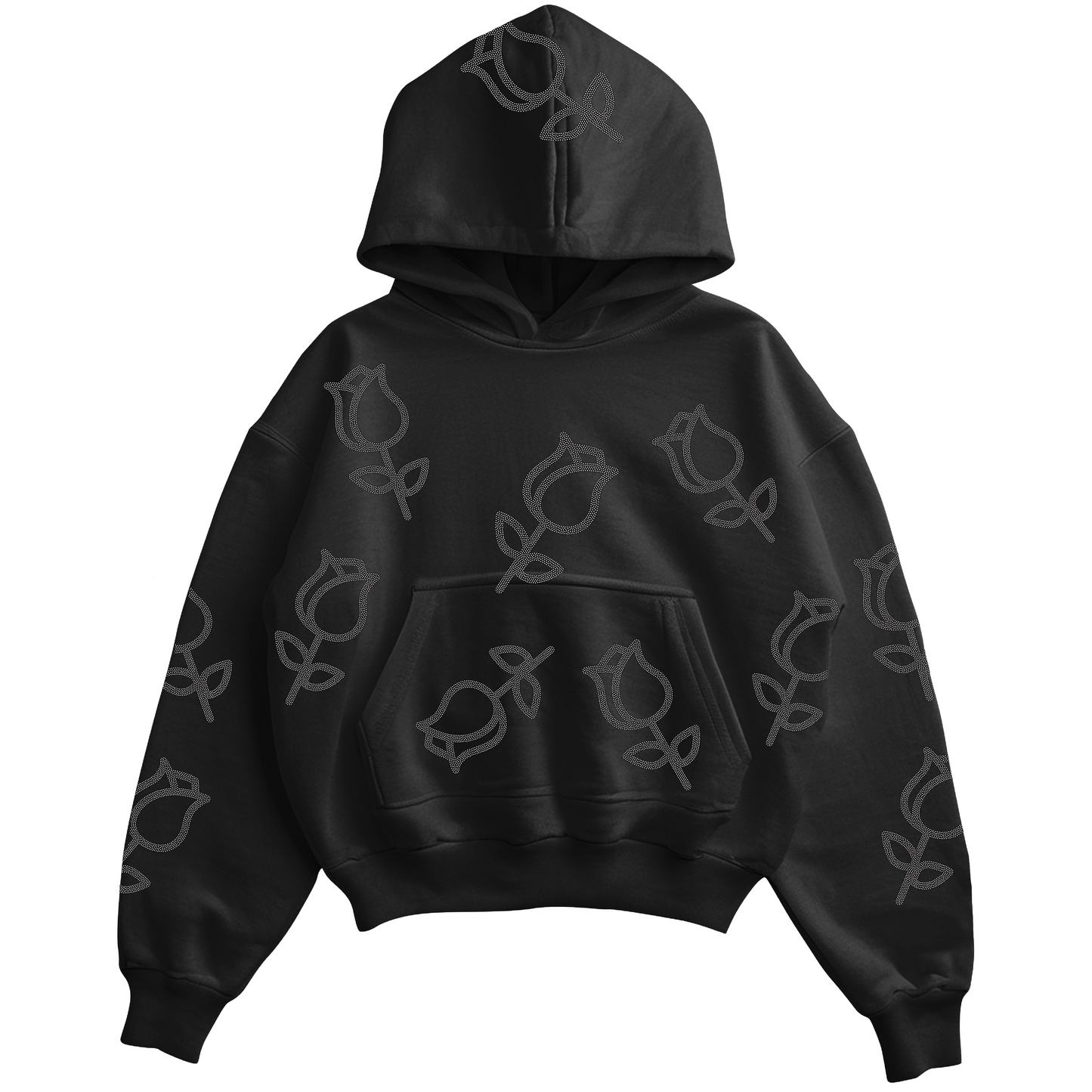 Black TRӠYON "Rhinestone Rose" Crop Top Hoodie (Women)